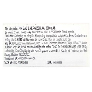 Pin Sạc AA Energizer 2000mAh Combo 2 vỉ