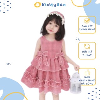 Váy công chúa sát nách kẻ hồng caro cho bé gái chất liệu cotton thấm hút tặng kèm băng đô Kiddysun V17