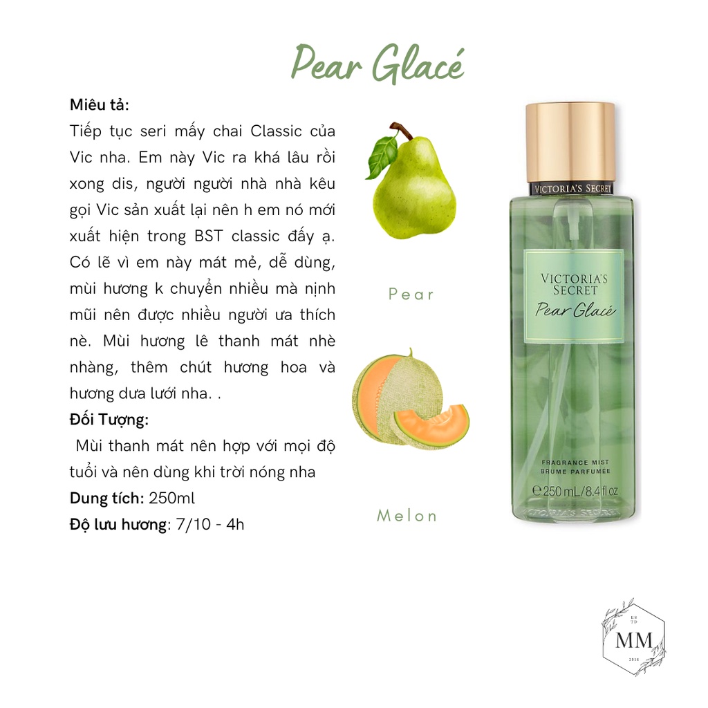- Bộ sản phẩm Xịt Thơm Toàn Thân Victoria’s Secret Body Mist Dưỡng Thể Lotion mùi Pear Glace fullsize 250ml