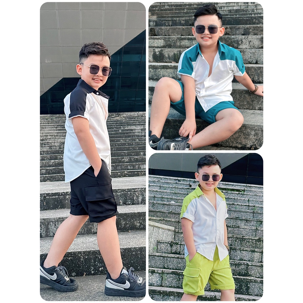 Set bộ đồ đẹp cá tính quần lửng túi hộp áo sơ mi màu xanh lam xanh nõn chuối màu đen đi học đi tiệc size đại 12kg 52kg