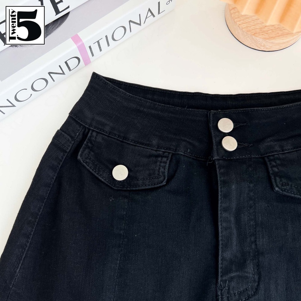 Chân váy jeans chữ A ngắn xẻ đùi cạp 2 cúc co dãn gấu cắt tua rua Twentyfive 4533