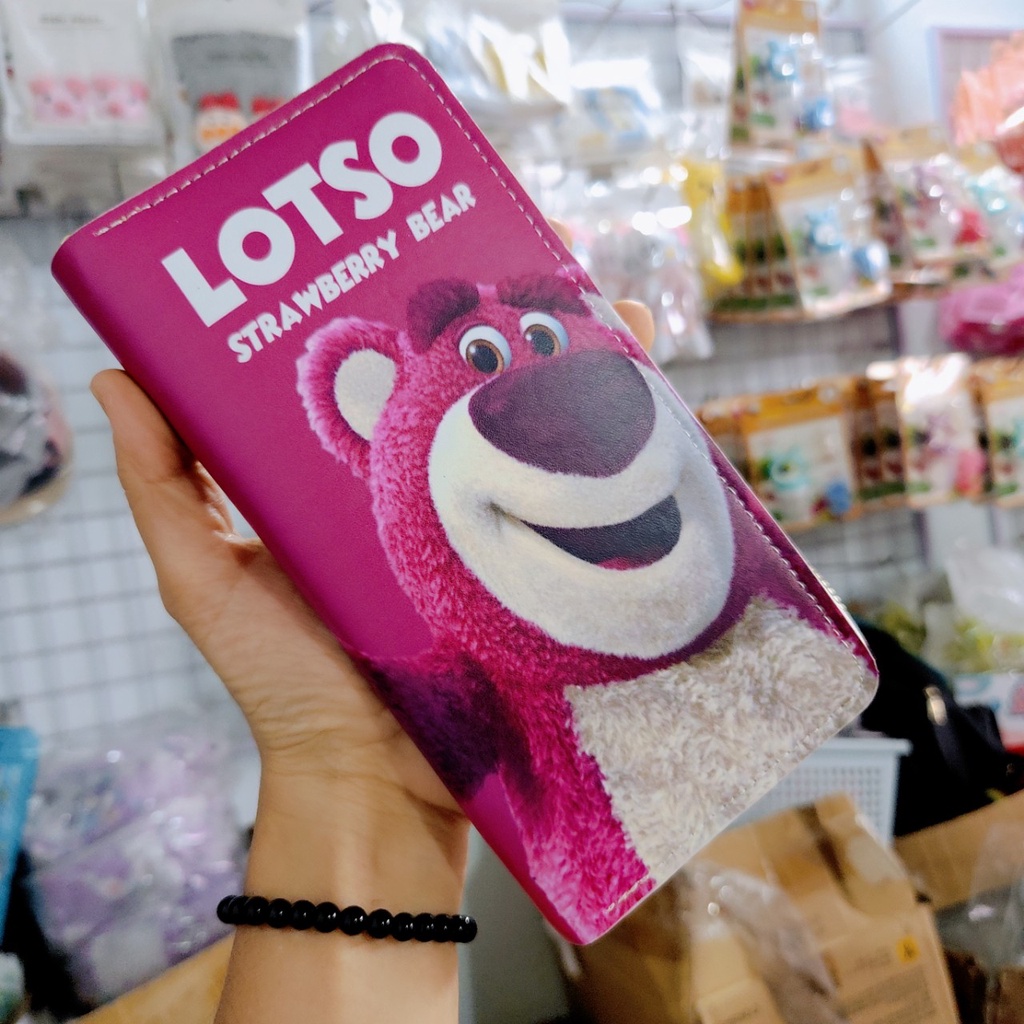 Bóp ví dài ví hình chữ nhật Da Pu hoạ tiết Gấu Dâu lotso hồng đáng yêu