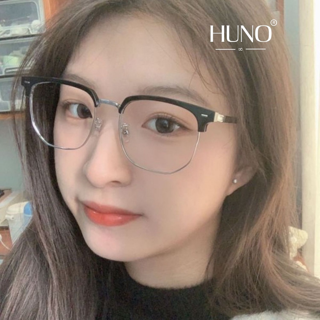 Mắt kính nam nữ thời trang cao cấp HUNO gọng kính cận vuông kim loại cao cấp 0 độ chống ánh sáng xanh K66