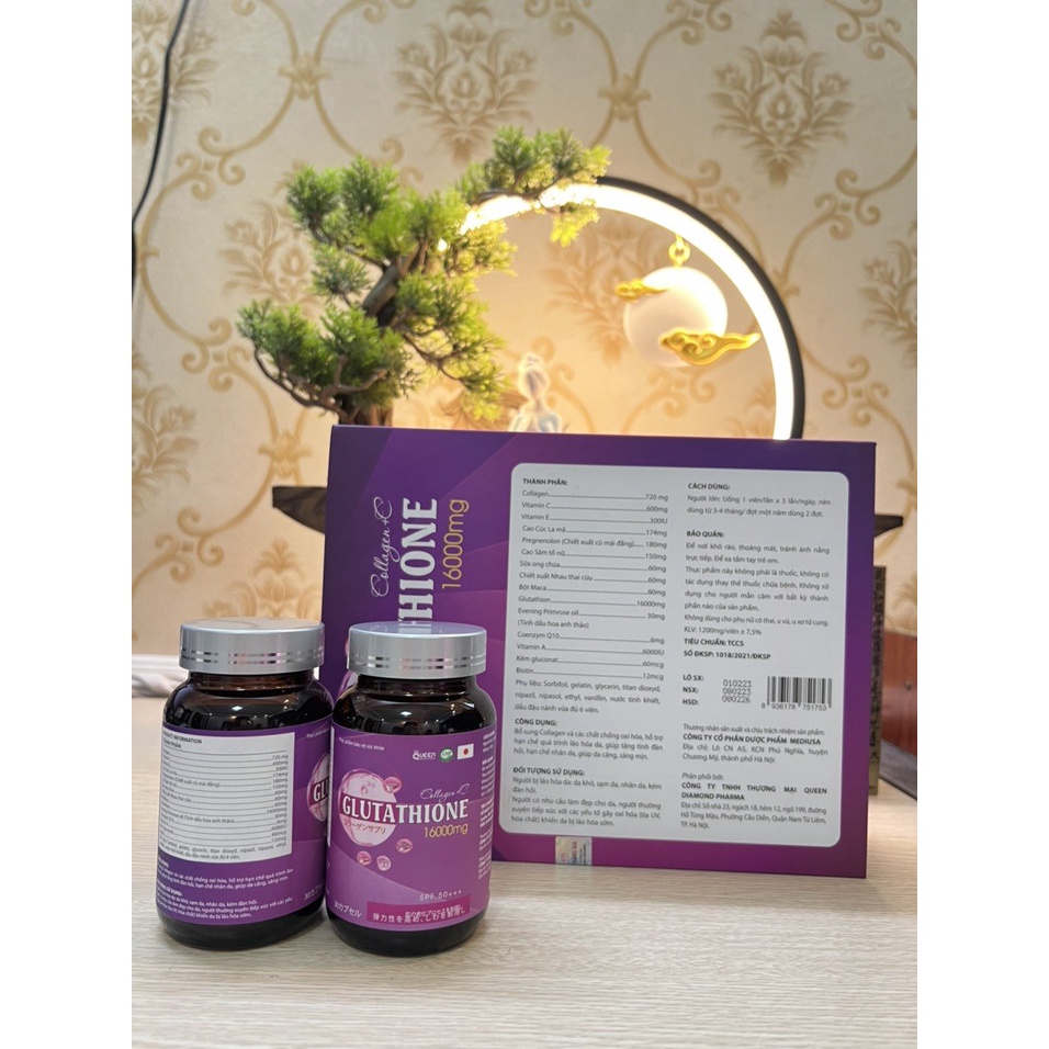 Viên Uống Trắng Da GLUTATHIONE 16000mg Trắng Da Mờ Nám Làm Chậm QUá Trình Lão Hóa Da Hộp 2 Lọ 30 viên