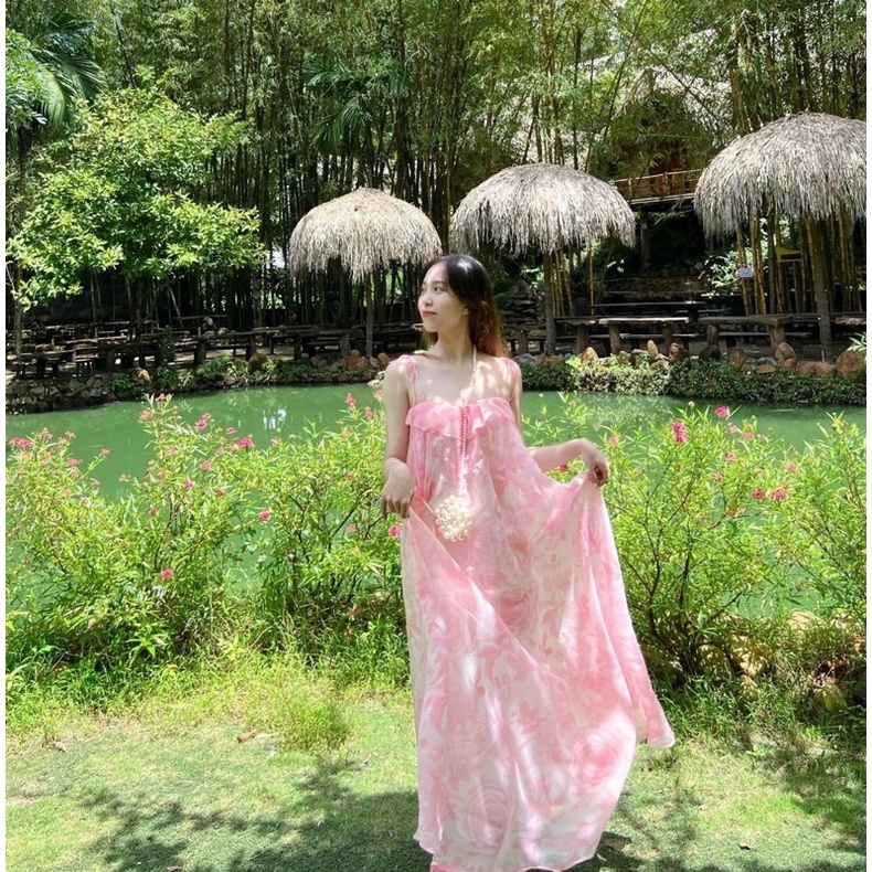 Đầm voan tơ suông bèo 2 dây hoạ tiết Hồng Vàng váy đi chơi du lịch Đà Lạt đi biển dễ thương hotgirl tk bầu bí bon chen