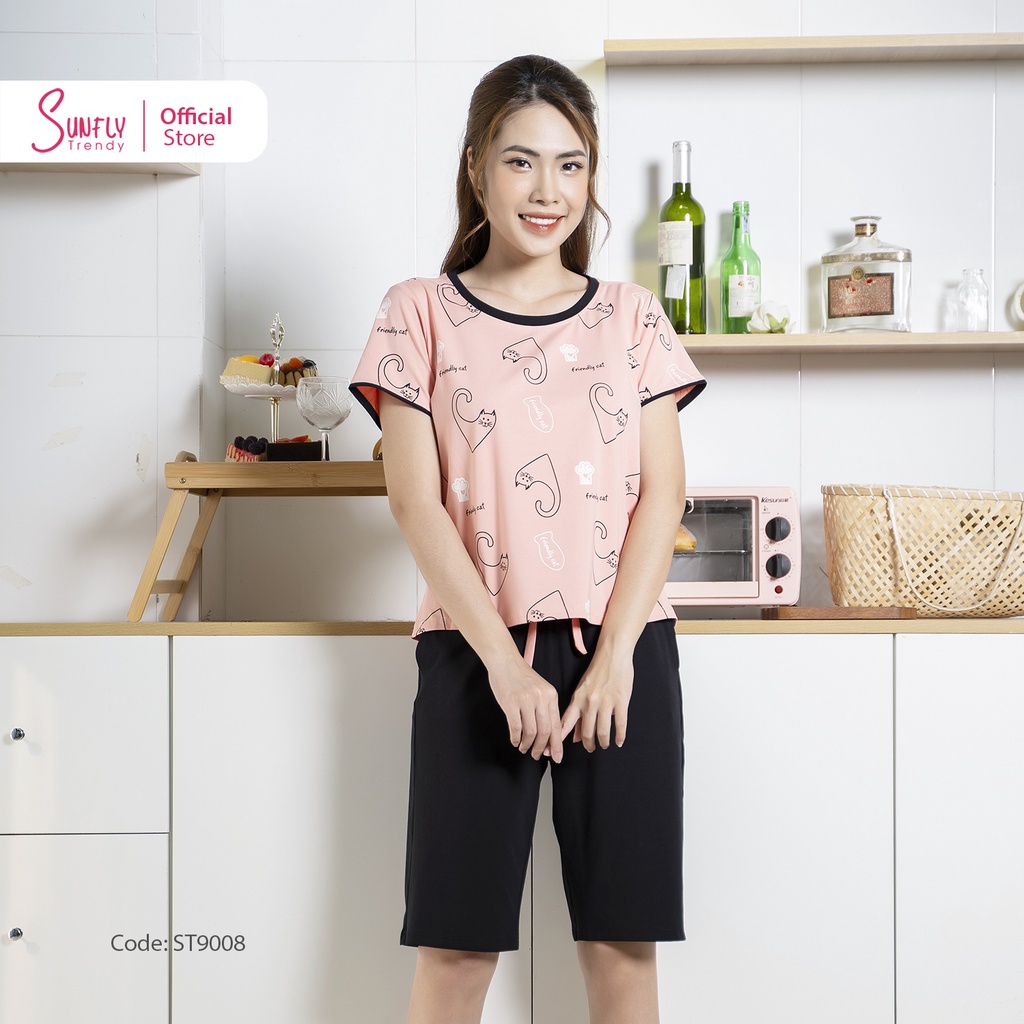 Đồ Bộ Mặc Nhà Cotton SUNFLY Áo Cộc Quần Ngố ST9008