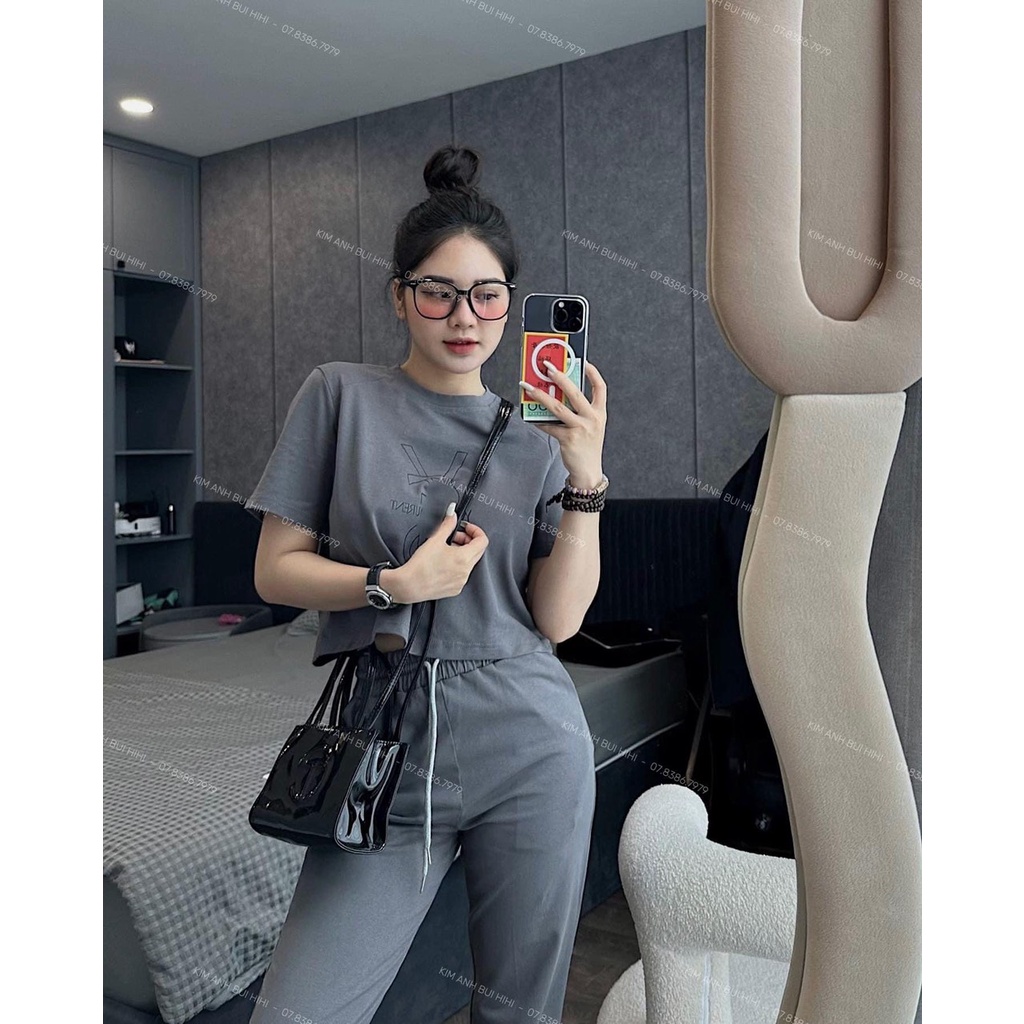 Set Bộ Thể Thao Nữ YSL Áo Croptop Nữ Ngắn Tay Mix Quần Jogger Ống Rộng Freesize