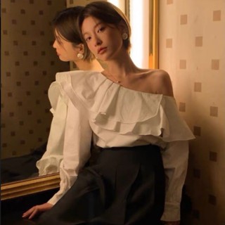 Áo trễ vai nữ tay dài vạt bèo chất liệu thô mềm tay bồng tiểu thư phong cách Hàn Quốc đi làm đi dạo phố  Cesy 151