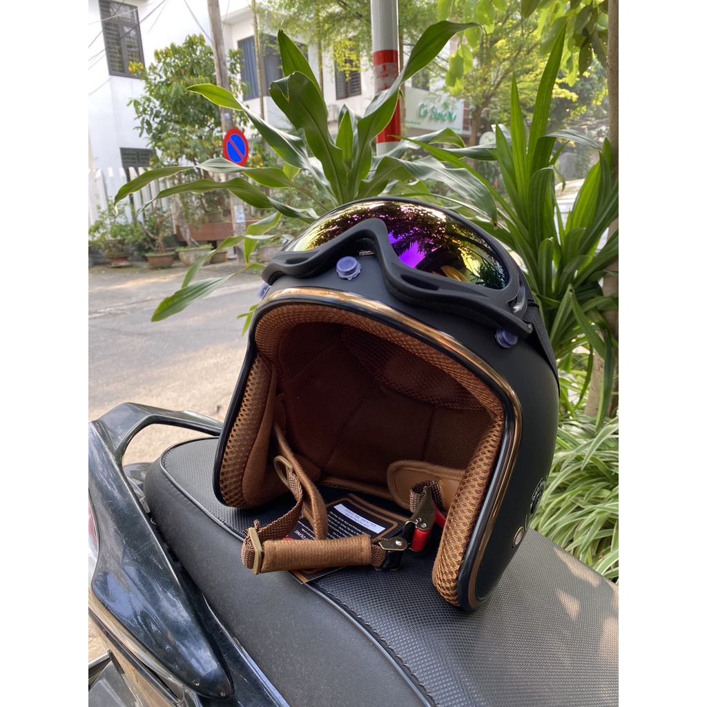 Mũ bảo hiểm 3/4 chính hãng màu đen nhám SH Napoli, nón freesize chất lượng kèm kính phi công, UV