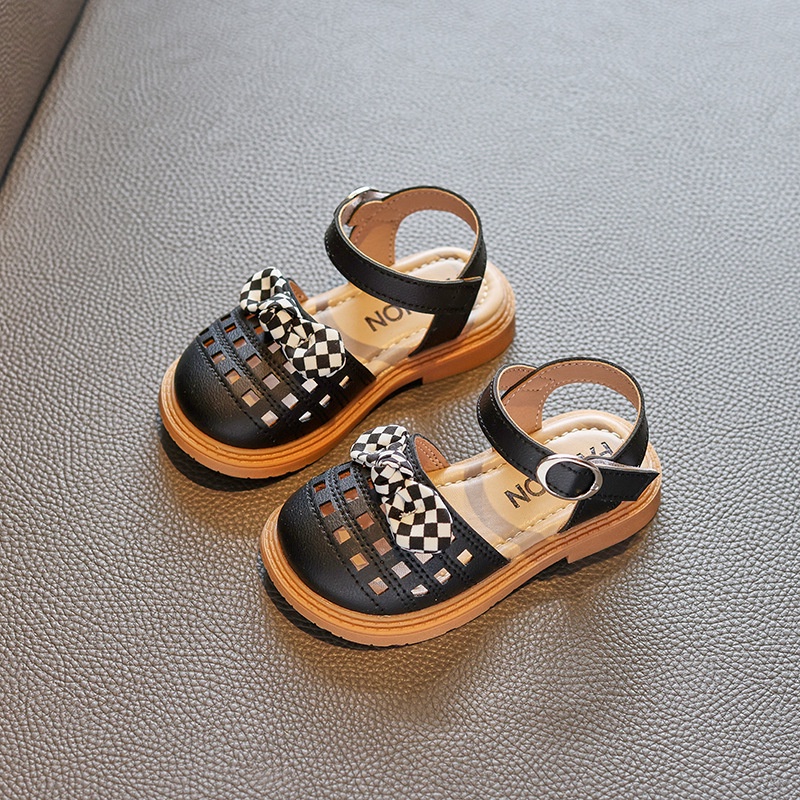 Sandal Búp Bê Cho Bé Gái 2-7 Tuổi Cao Su Quai Dán Hoạ Tiết Nơ Caro Nhỏ Xinh Xắn