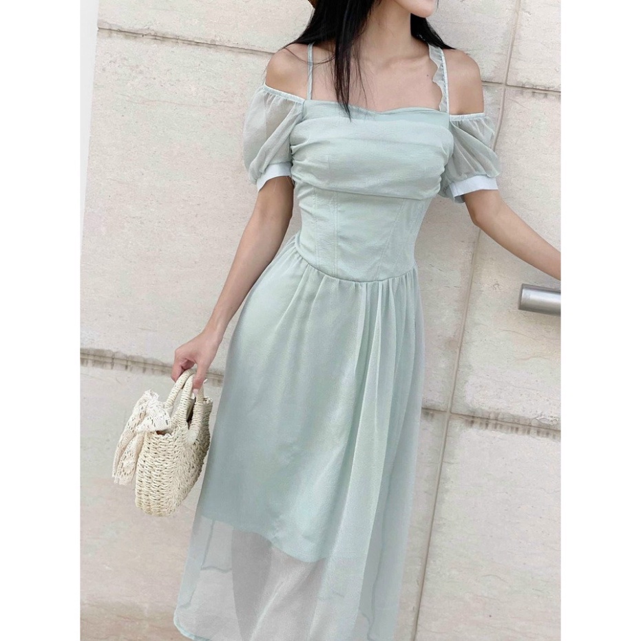 (Fom: <55kg) Đầm Midi Xanh Phối Tay Voan Dây Chéo Cổ Đầm Chữ A JL50 | BigBuy360 - bigbuy360.vn