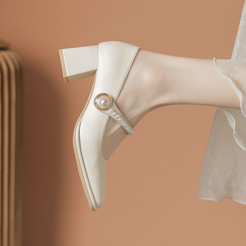 Giày da Pháp Mary Jane nữ giày cao gót cổ điển gót chân thô giầy lolita nữ