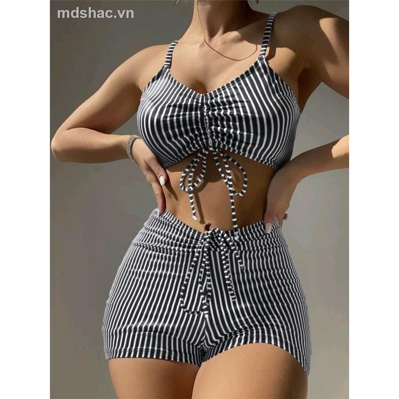 Bộ Đồ Bơi bikini Che Bụng Nhỏ Che Phủ Toàn Thân Họa Tiết Kẻ Sọc Phong Cách Âu Mỹ Mới Dành Cho Bạn Nữ