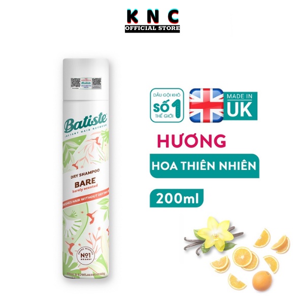 Dầu Gội Khô Batiste Hương Hoa Thiên Nhiên Dịu Nhẹ - Batiste Dry Shampoo Natural & light Bare 200ml