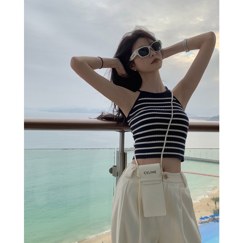 Áo Hai Dây Dệt Kim Dáng Ngắn Hở Lưng Gợi Cảm Cho Nữ