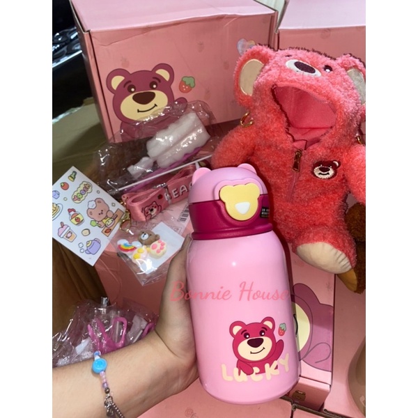 HÀNG CÓ SẴN Bình nước giữ nhiệt Losto gấu dâu 450ml tặng kèm túi gấu lông