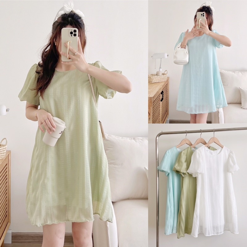 Đầm voan xốp tay bồng hai lớp dáng suông tiểu thư Hàn Quốc đủ 3 màu xinh siêu hot
