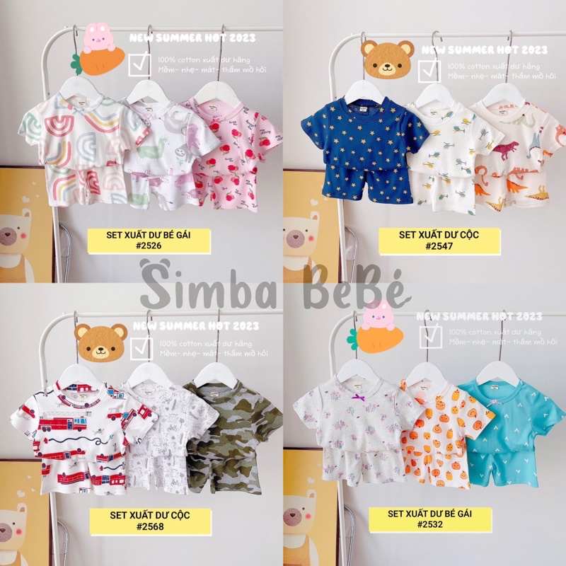 Set 3 bộ ngắn tay bé trai bé gái vải cotton xuất dư mềm mát từ 9kg-18kg