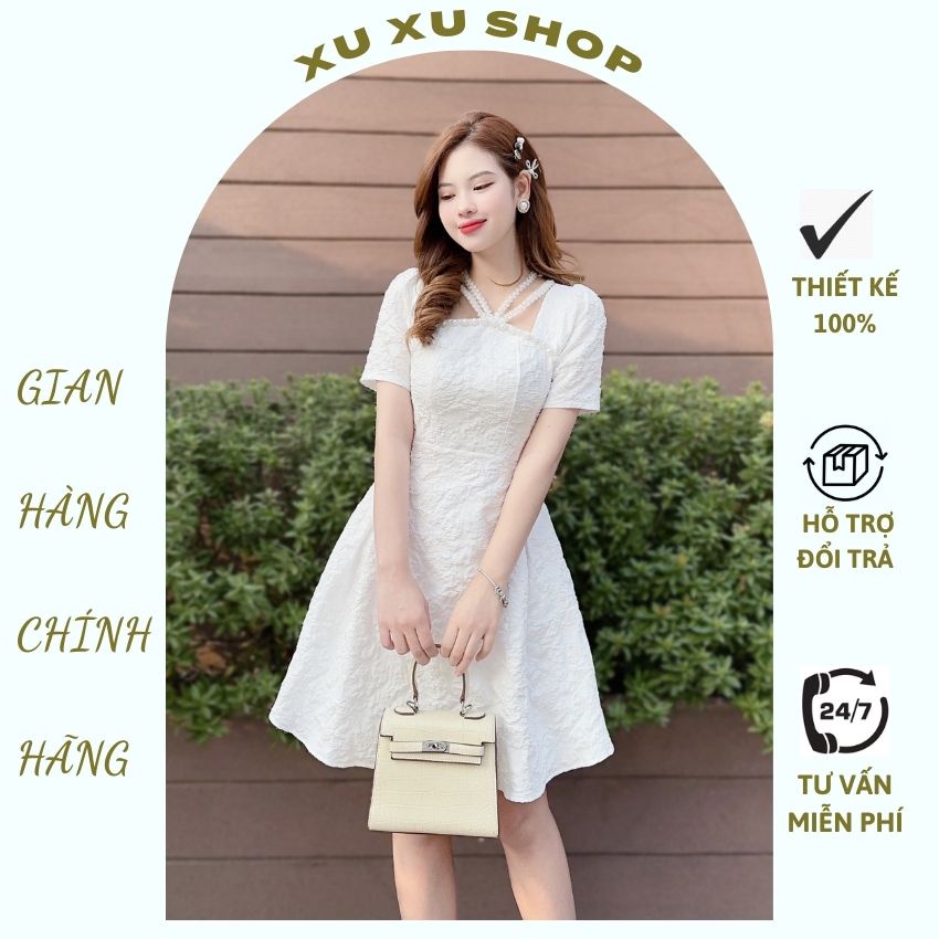 Váy trắng nữ thiết kế chất xốp nổi phối ngọc siêu xinh - XU XU SHOP - Đầm nữ dáng ngắn cổ dây chéo cách điệu tiểu thư