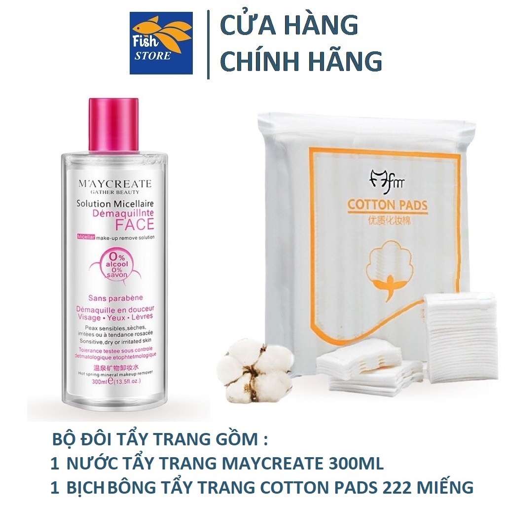 Bộ đôi tẩy trang gồm nước tẩy trang maycreate 300ml và 1 bich bông tẩy trang mèo fm 222 miếng