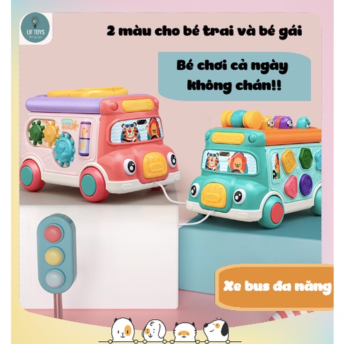 Đồ chơi xe buýt đa năng đập chuột thả hình khối 7 trong 1 có nhạc có đèn, Ô tô đồ chơi xe bus Montessori cho bé