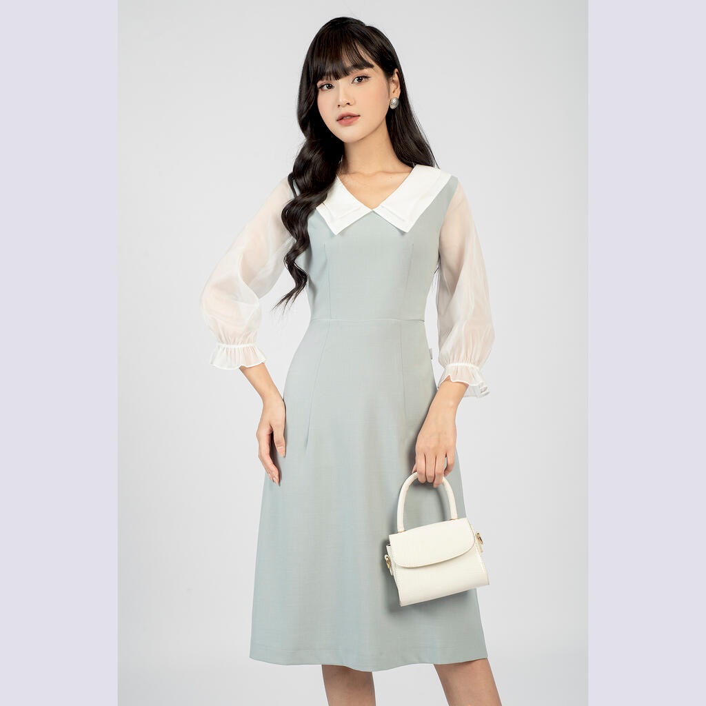 Đầm dáng A, hai lớp lá cổ, tay voan tơ MMOutfit DA0422448