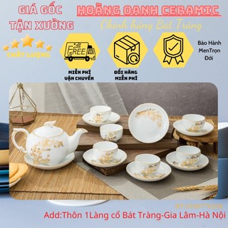 Bộ Ấm Chén Pha Trà-hàng nhà lò Bát Tràng -Dáng Phượng,men Trắng,vẽ Vàng Phúc Lộc Thọ,Trúc Lâm Thất Hiền