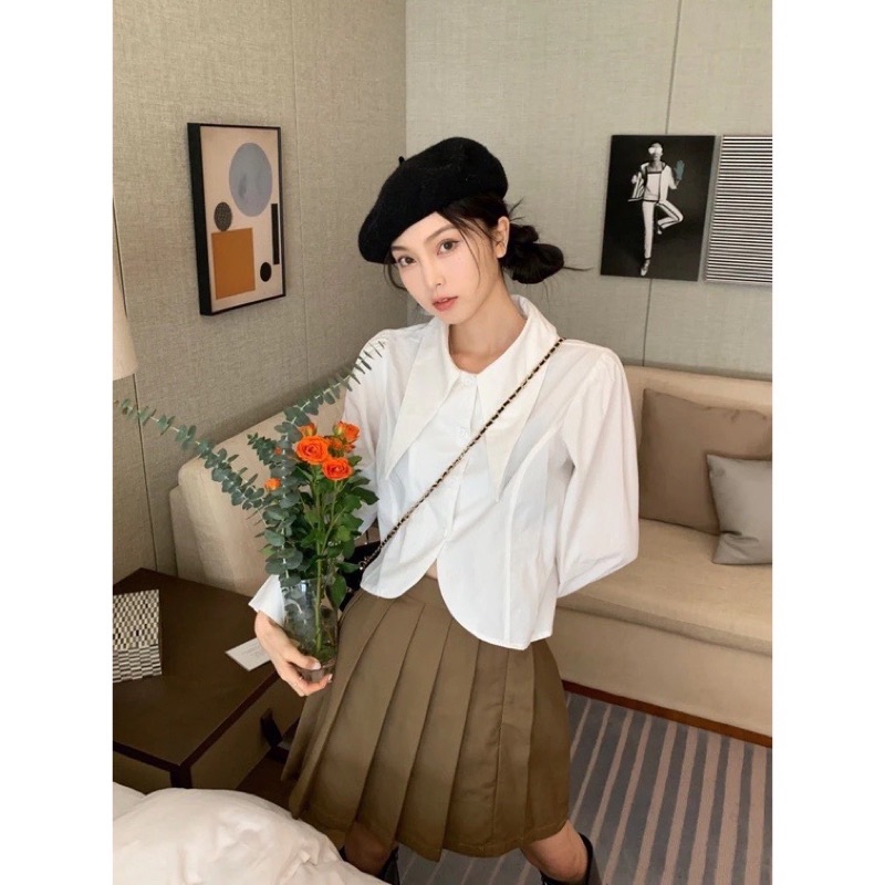 Áo sơ mi nữ kiểu, áo sơ mi croptop tay dài cổ sen chất kaki thô Thời Trang B.Y Tea Clothing