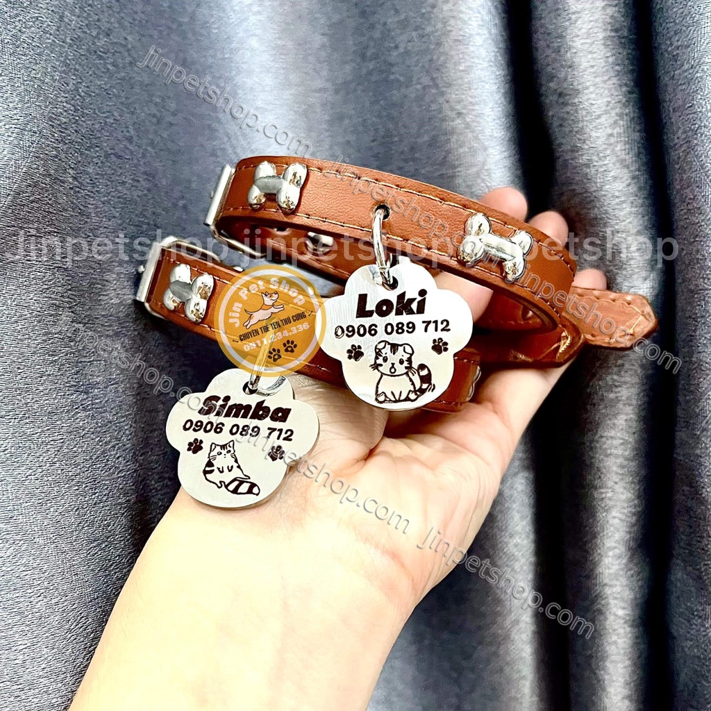 Vòng Cổ Chó Mèo - Combo Vòng Dây Da & Thẻ Tên Bàn Chân (Size Từ 1-20Kg)