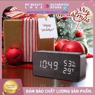 Đồng Hồ Led Để Bàn bằng Gỗ hình chữ nhật - Có Báo Thức - Có Nhiệt Kế, Decor bàn làm việc, bàn học