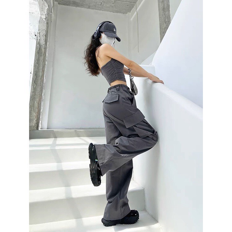 Quần Cargo Pants túi hộp ống rộng phối dây rút eo vải Kaki mềm phong cách thời trang Uniex Streetwear