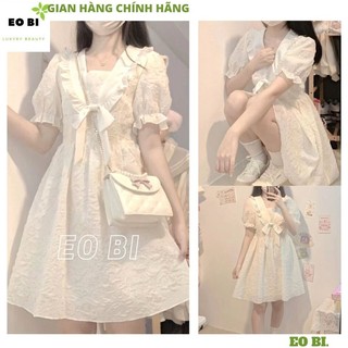 Váy gấm xốp cổ bèo nơ thiết kế tay bo dáng xòe cực xinh, Đầm tiểu thư gấm hoa nổi điệu đà phong cách Hàn quốc - EOBI