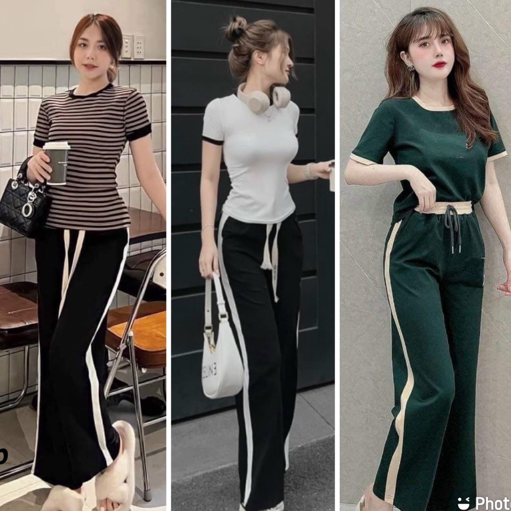Sét bộ nữ chất liệu gân tăm áo tay ngắn mix quần ống xuông sét bộ đồ áo body quần dài nữ sang chảnh phong cách hàn quốc