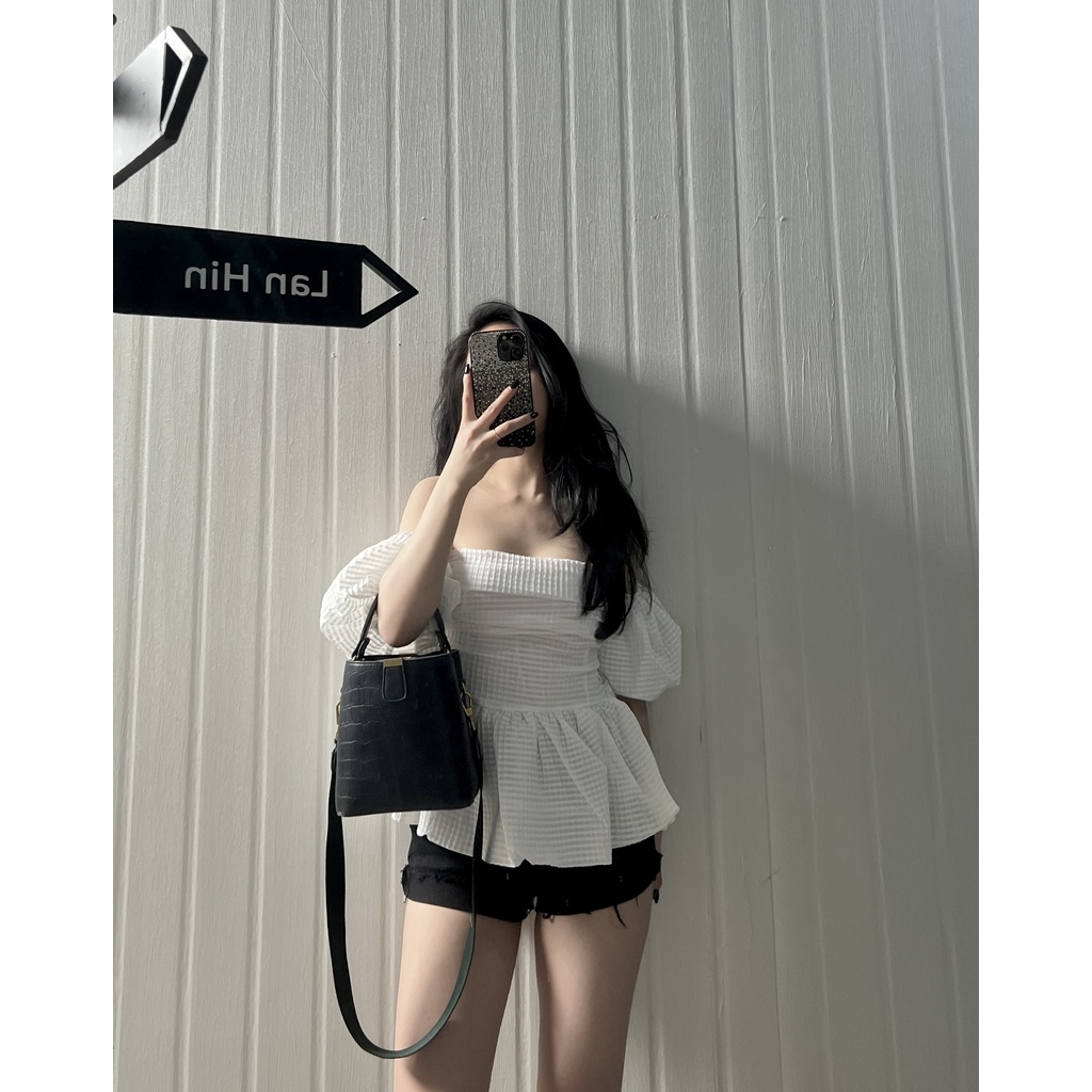 Áo Tơ Caro Kiểu Bệt Vai Chun Lưng Siêu Cưng ❤️