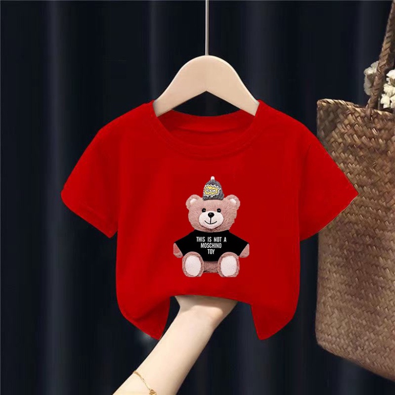 Áo cộc tay in hình gấu , áo phông cotton bé trai bé gái 7-18 kg