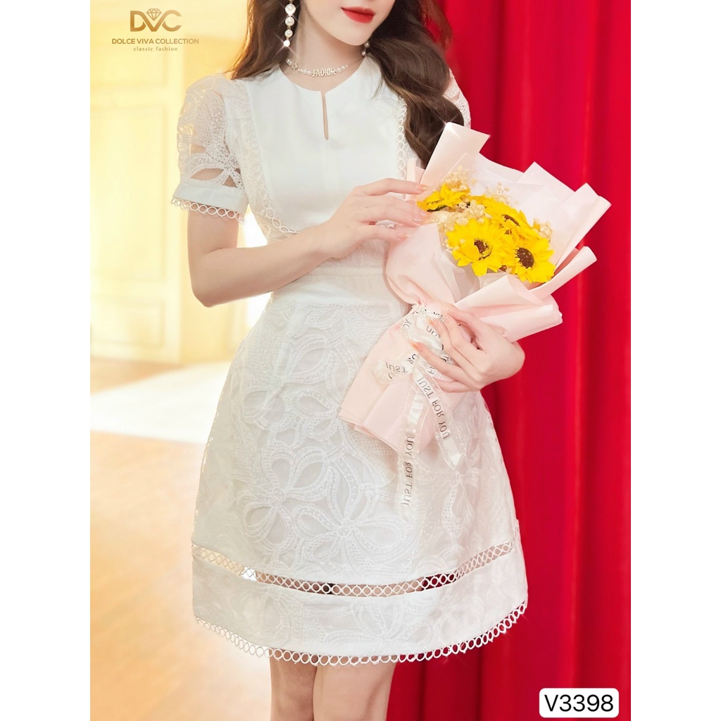 Váy Xòe Ren Trắng Cổ V Dáng Ngắn Thiết Kế Cao Cấp 3398 - Váy Thiết Kế - DVC DOLCE VIVA COLLECTION
