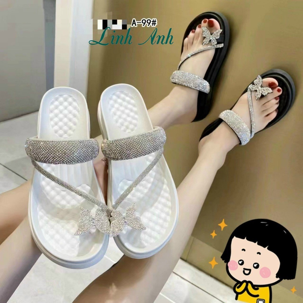 Dép sandal nữ xỏ ngón đính đá họa tiết cách hoa đế 5cm hàng QC ( chân gầy mỏng lùi 1 size )