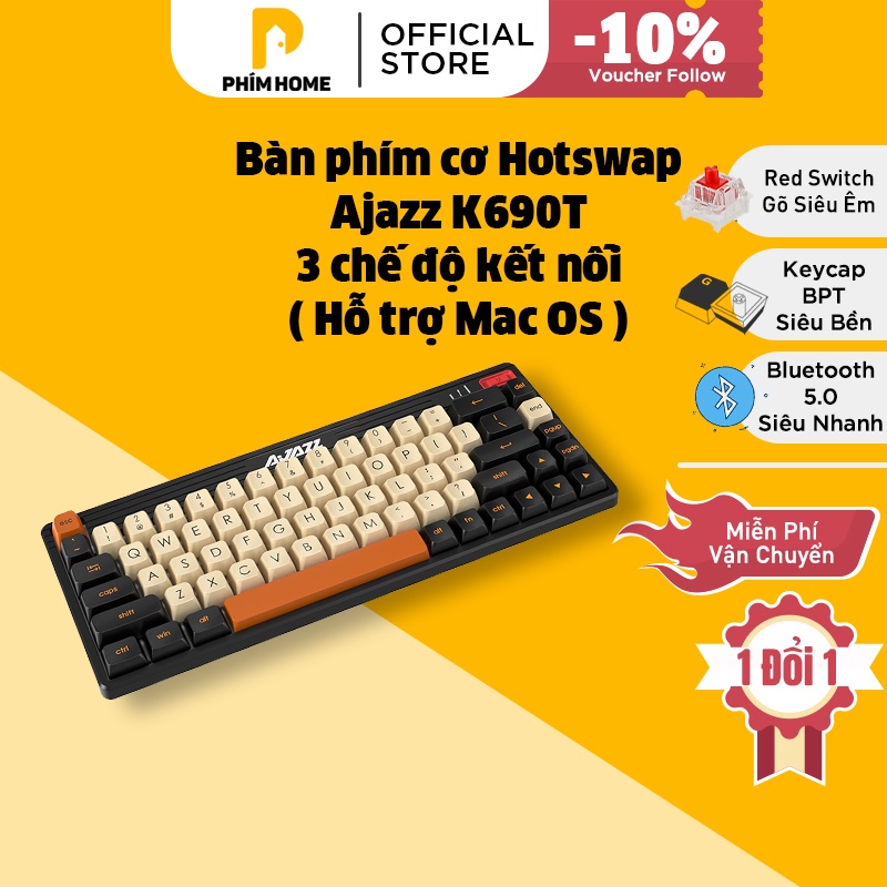 Bàn phím Ajazz K690T - Hỗ trợ Hotswap - Redswitch siêu êm - LED 16,5 Triệu Màu - 1 ĐỔI 1 TRONG 6 THÁNG