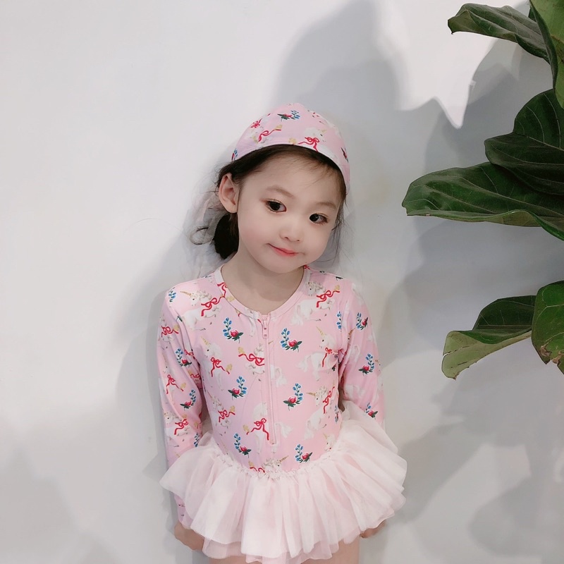 đồ bơi bé gái tay dài hoạ tiết ngựa ponny phối voan xoè đáng yêu, đồ bơi trẻ em kèm nón bơi
