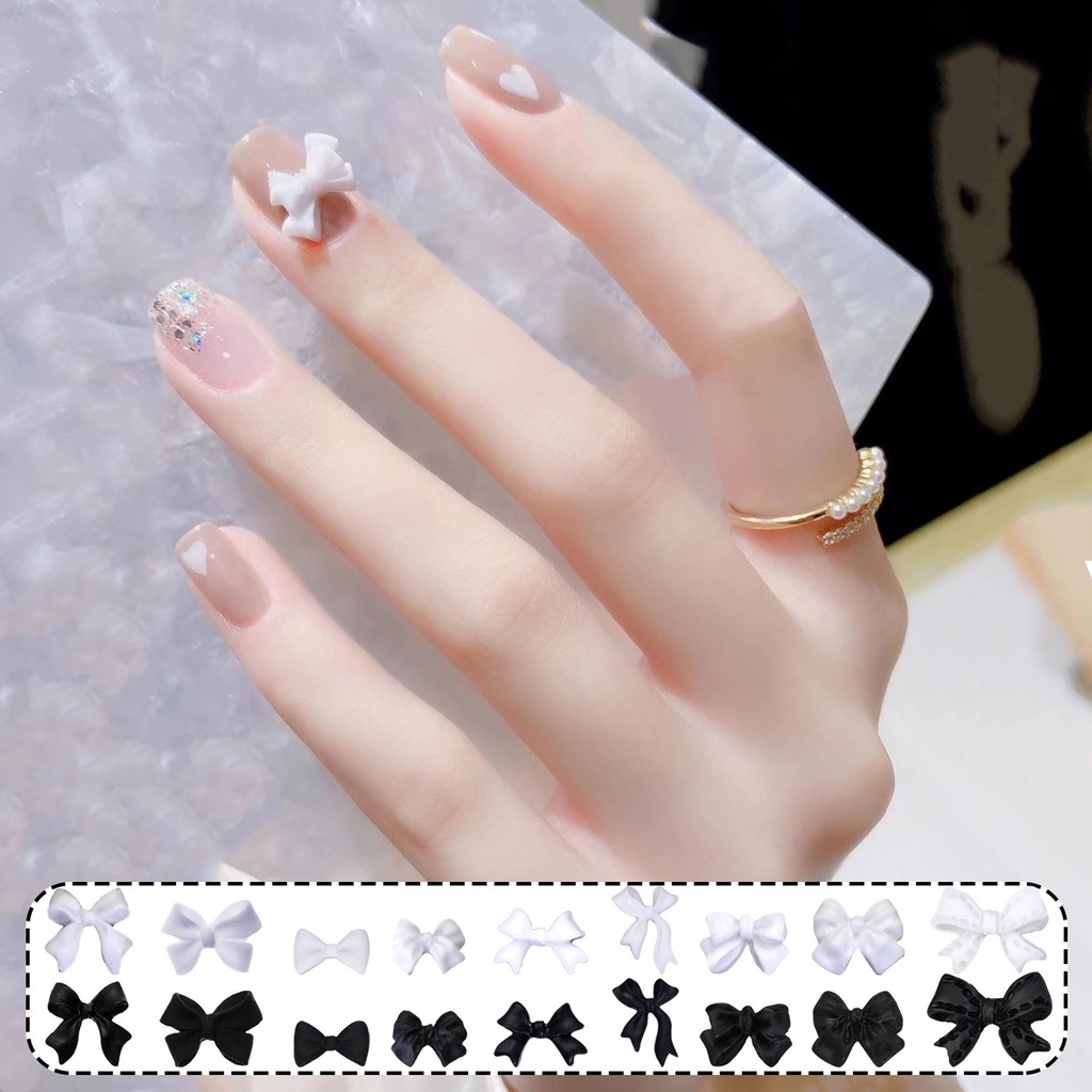 Charm nail, charm nơ các mẫu đen trắng, phụ kiện trang trí móng tay