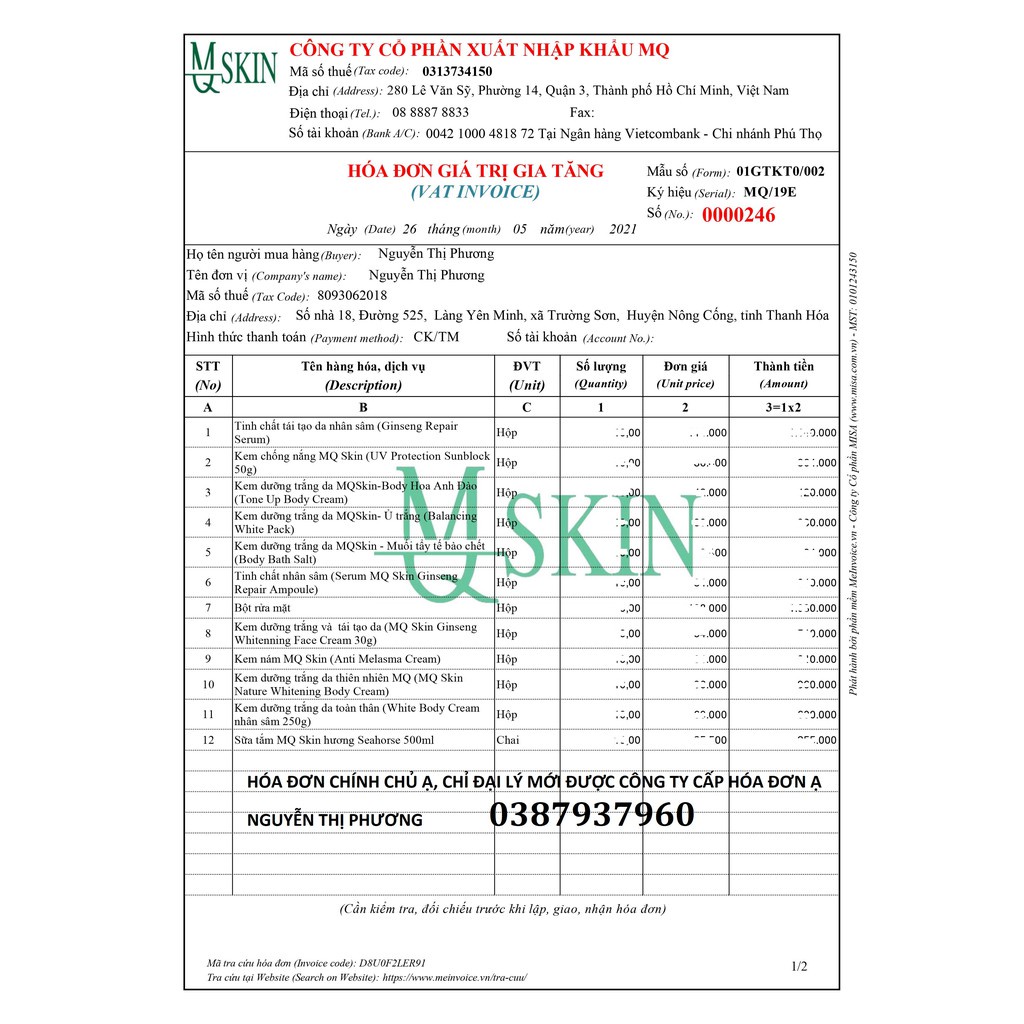 Serum Nhân Sâm Thay Da MQ Skin Chính Hãng