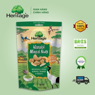 Hạt hỗn hợp khô : Hạnh nhân, hạt điều, đậu phộng tẩm wasabi, chính hãng Heritage vị cay nồng gói 130g- Wasabi Mixed Nuts