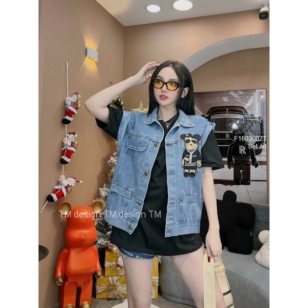 Set áo thun tay ngắn phối áo gile jean in hình gấu cá tính VIENS STORE