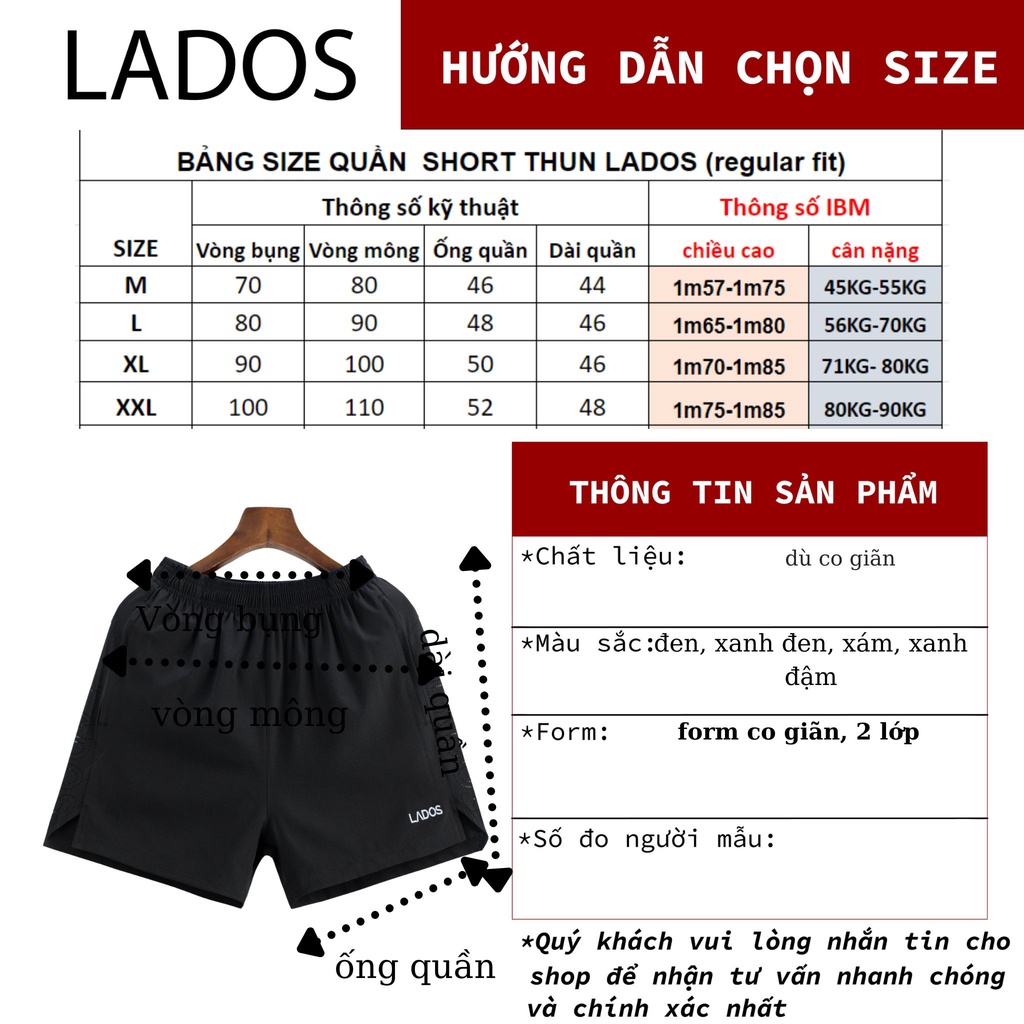 Quần đùi short thể thao nam 2 lớp có túi dây chun LADOS 14089 chất vải dù thoáng mát, tập gym, chạy bộ