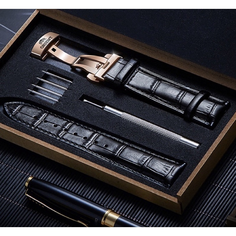 Dây da đồng hồ Orient cao cấp. Combo dây kèm khoá bướm logo Orient