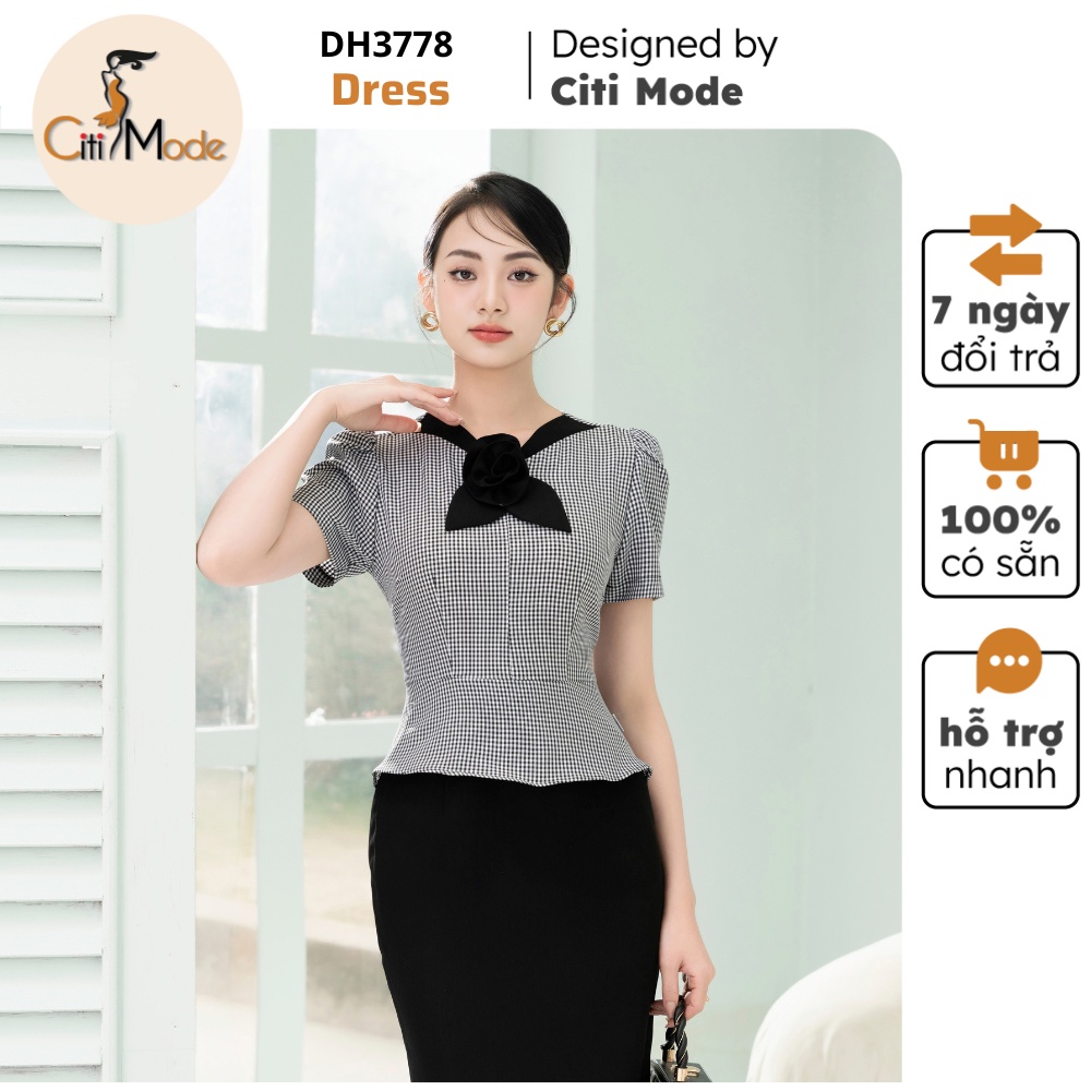 Đầm công sở CITI MODE FASHION thiết kế dáng ôm peplum kẻ caro thêu hoa phối chân váy 1 màu dh3778
