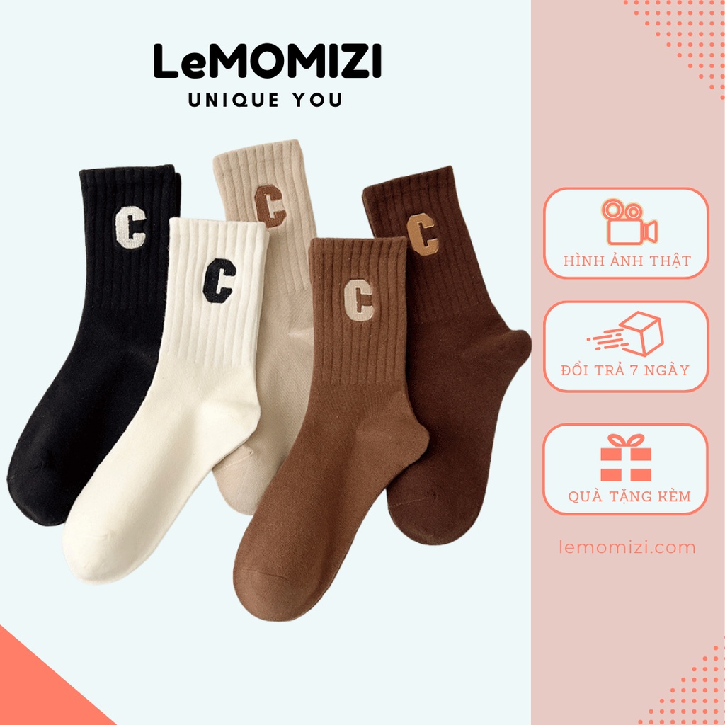 Tất vớ chất liệu cotton co giãn bốn chiều, unisex , họa tiết chữ C, màu trơn phong cách hiện đại, free size - LeMOMIZI