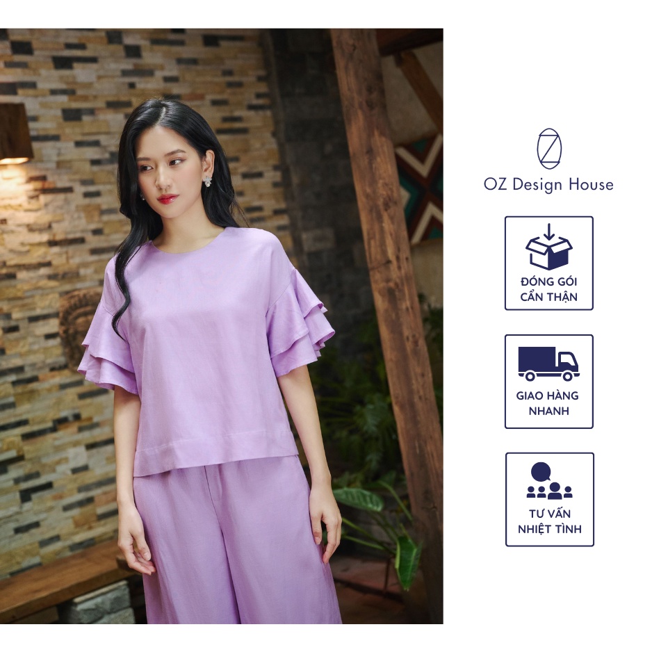 Áo nữ ngắn tay OZ Design House AO12238SUM23 linen lụa cổ tròn cách điệu tay xòe màu tím