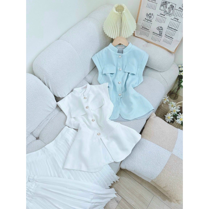 Set bộ đồ nữ áo bèo xốp caro đính cài nút mix chân váy voan dập ly sang chảnh với 2 tone màu sáng da dành cho các nàng