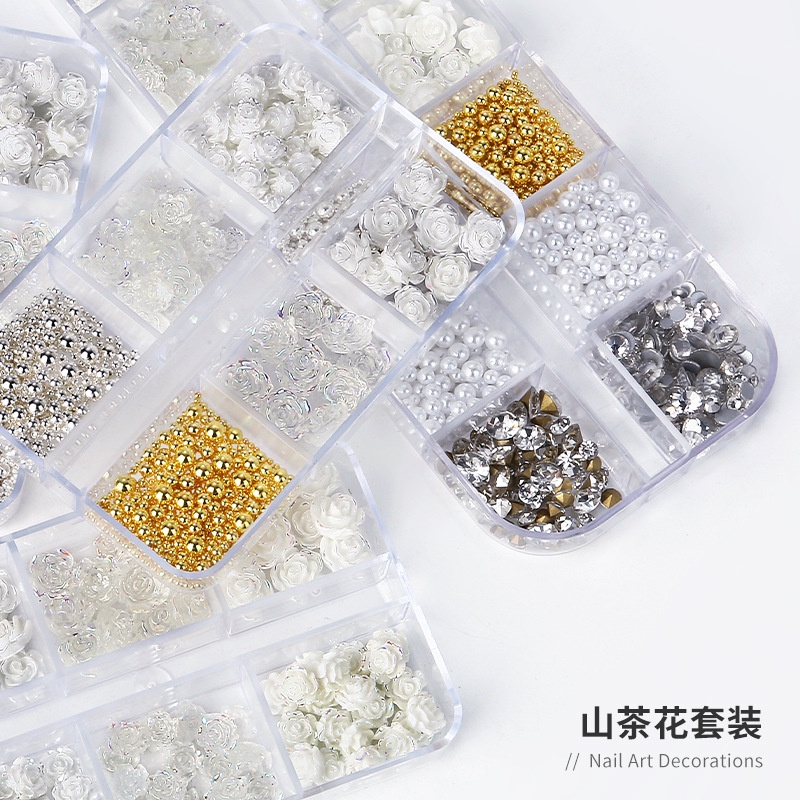 Wanghongshan Bộ Phụ Kiện Trang Trí Móng Tay Hình Hoa Hồng Trắng Ba Chiều Đính Đá Pha Lê